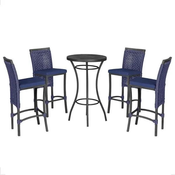 Mesa Bistro E 4 Banquetas Roma Preta Corda Náutica 10 Azul