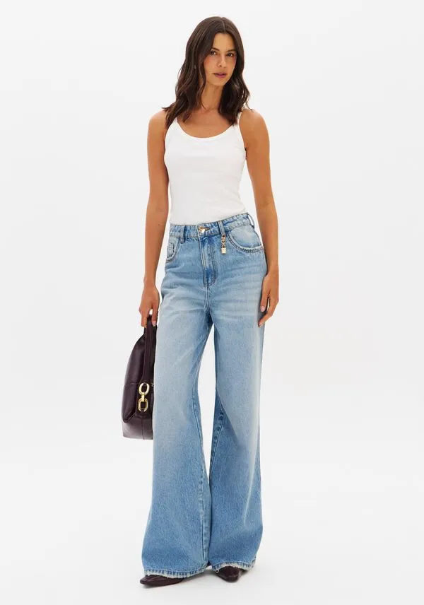 Calça Jeans Wide Leg Cintura Alta Azul 44