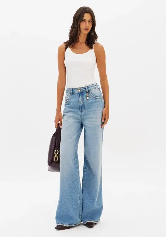 Calça Jeans Wide Leg Cintura Alta Azul 36