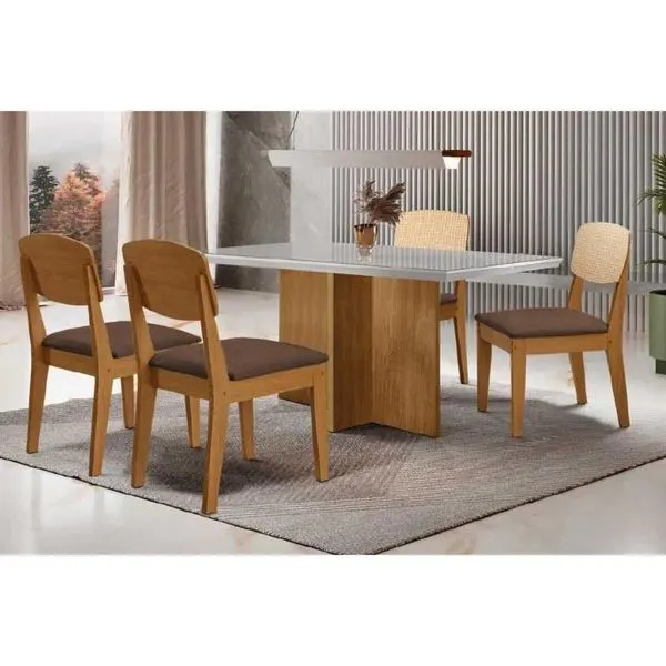 Conjunto Mesa de Cozinha Berlim Curvo 120cm com 4 Cadeiras Havana Moderno em MDF Assento Couro Sintético Naturale-off Conjunto Mesa de Cozinha Berlim Curvo 120cm com 4 Cadeiras Havana em MDF Assento Couro Sintético