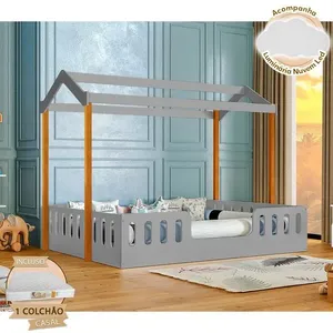 Cama Casal Infantil Casinha Ágatha com Colchão D28 e Luminária LED em MDF Cinza e Mel MDF Decoracao e Iluminação Cama Casal Infantil Ágatha com Colchão D28 e Luminária LED MDF Cinza e Mel