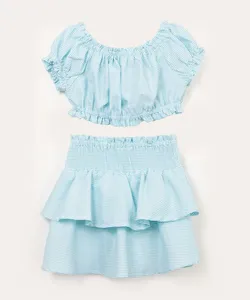 conjunto infantil listrado blusa manga bufante e saia com babado azul 6