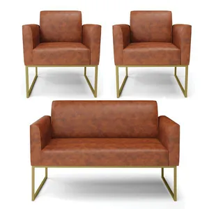 Sofá Namoradeira com 2 Poltronas Base Industrial Dourado Marisa Corano Nozes D03 - D'Rossi