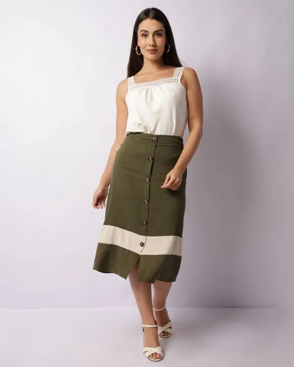 Saia Feminina Berry & Co. Midi Viscolinho com Botões Verde M