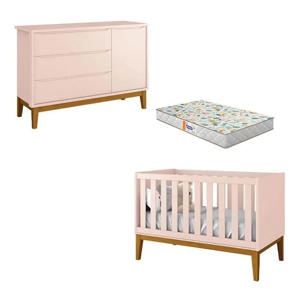Berço Americano e Cômoda Infantil New Classic 3 Gavetas em MDF com Puxadores Telescópicos Rosa com Colchão Gazin Berço Americano E Cômoda New Classic Rosa Com Pés Madeira E Colchão Gazin - Reller