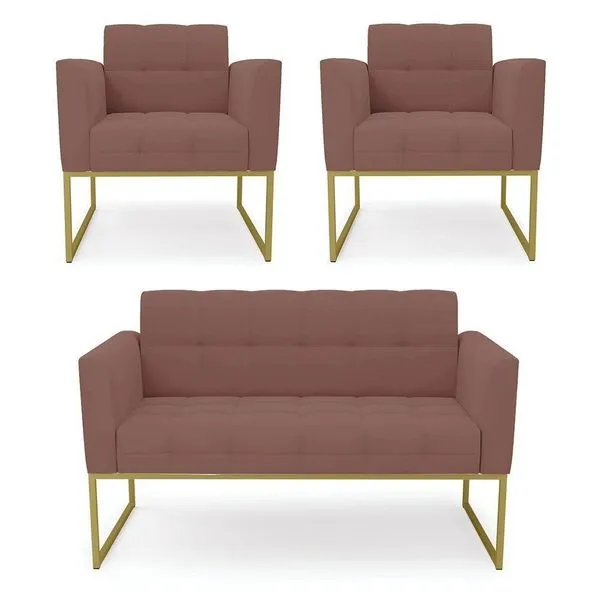 Kit 1 Sofá Namoradeira E 2 Poltronas Elisa Veludo Base Metálica Industrial Dourado - D'rossi Cor Rose