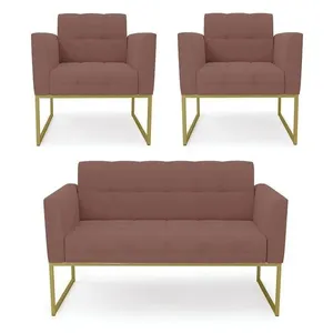 Kit 1 Sofá Namoradeira E 2 Poltronas Elisa Veludo Base Metálica Industrial Dourado - D'rossi Cor Rose