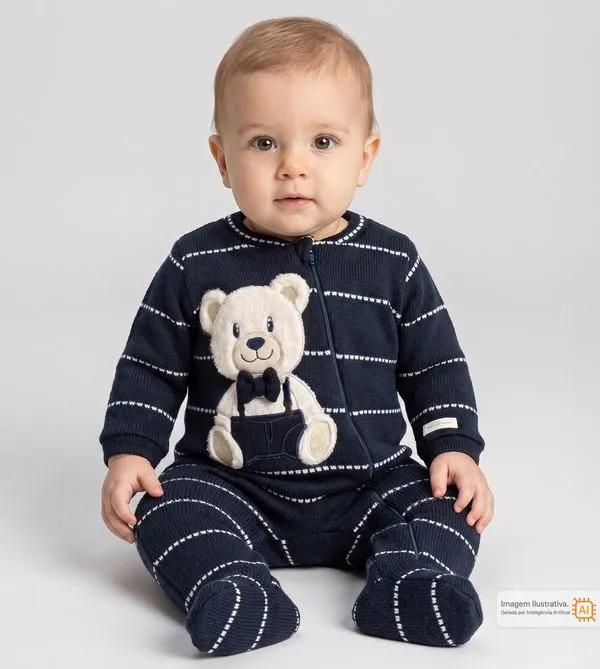 Macacão Tricô Urso Chic Marinho - RN