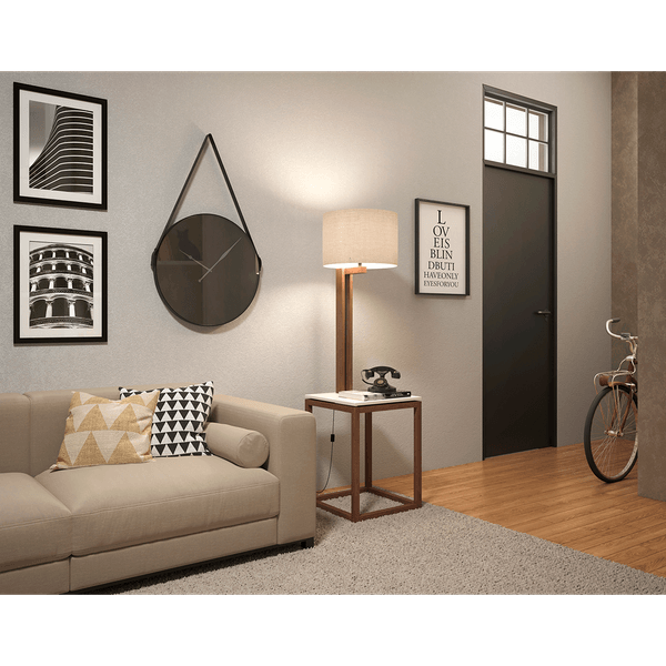 Mesa Lateral em MDF / Pinus Taeda, 4 Pés, Com Luminária - Supreme Off-White / Amêndoa