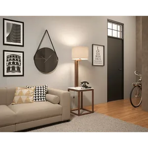 Mesa Lateral em MDF / Pinus Taeda, 4 Pés, Com Luminária - Supreme Off-White / Amêndoa