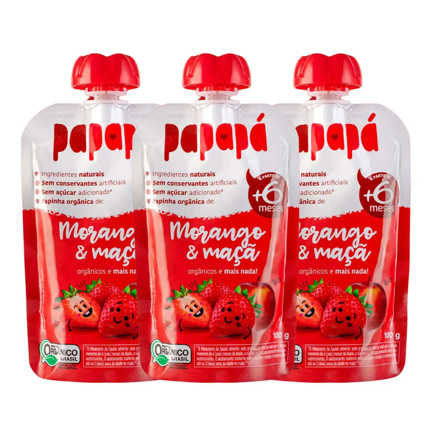 Kit Papinha Infantil Orgânica Morango e Maçã Papapá - 3 Unidades 100g