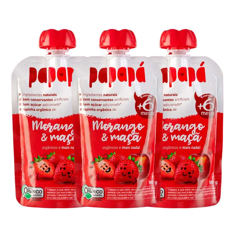 Kit Papinha Infantil Orgânica Morango e Maçã Papapá - 3 Unidades 100g