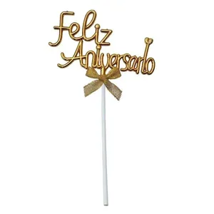 Topo de Bolo Feliz Aniversário Metalizado com Laço 21CM Plástico Dourado Extra Festas Topo de Bolo Feliz Aniversário Metalizado Laço Plástico Dourado Extra Festas