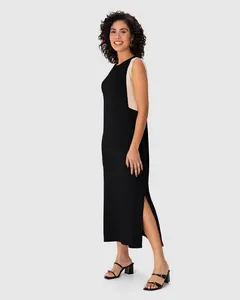 Vestido Midi Feminino Recorte Contrastante E Fenda Em Moletinho De Viscose Preto - G