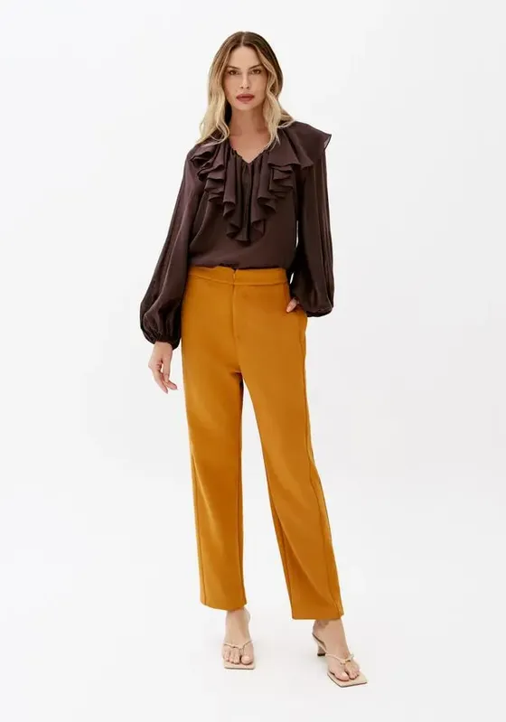 Calça Carrot Cintura Alta De Suede Laranja PP