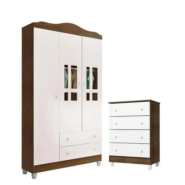 Cômoda Gaveteiro e Guarda Roupa Infantil Ariel 4 Gavetas em MDF com Puxador Metal Branco Acetinado Amadeirado Cômoda Gaveteiro E Guarda Roupa Ariel Branco Acetinado Amadeirado - Carolina