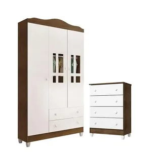 Cômoda Gaveteiro e Guarda Roupa Infantil Ariel 4 Gavetas em MDF com Puxador Metal Branco Acetinado Amadeirado Cômoda Gaveteiro E Guarda Roupa Ariel Branco Acetinado Amadeirado - Carolina