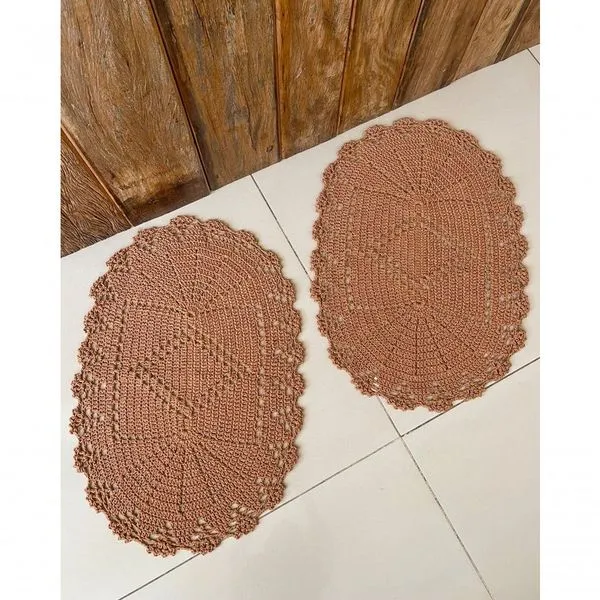 Kit 2 Tapetes Oval Losango 70X45CM Crochê Algodão Base Antiderrapante Multiuso Ferrugem Artesanal Kit 2 Tapetes Oval 70X45CM Crochê Algodão Multiuso Ferrugem Artesanal