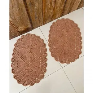 Kit 2 Tapetes Oval Losango 70X45CM Crochê Algodão Base Antiderrapante Multiuso Ferrugem Artesanal Kit 2 Tapetes Oval 70X45CM Crochê Algodão Multiuso Ferrugem Artesanal