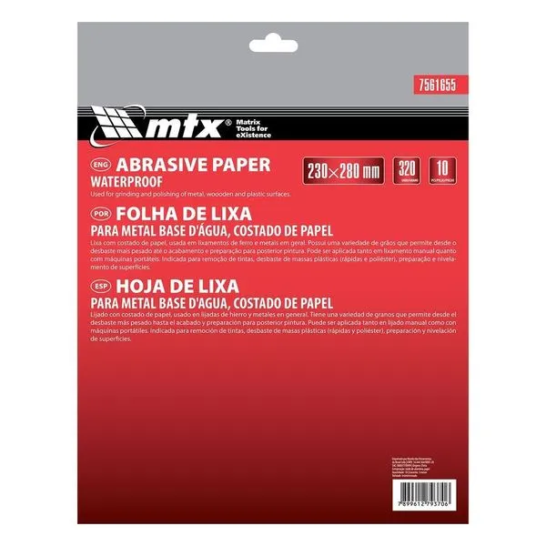 Folha de Lixa para Metal P320 230x280mm 10 Peças Acabamento Fino Vermelho Mtx Folha de Lixa para Metal P320 230x280mm 10 Peças Vermelho Mtx