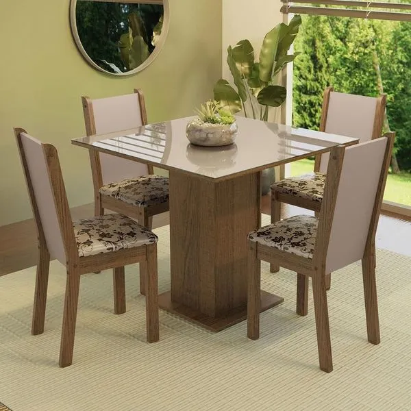 Conjunto de Jantar Tifani 4 Lugares Tampo em MDP e Vidro com Cadeiras Estofadas Rustic Crema Bege Marrom 90x90cm Conjunto Sala De Jantar Mesa Tampo De Vidro 4 Cadeiras Rustic/crema/bege Marrom