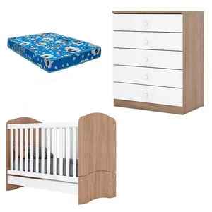 Kit Berço Multifuncional e Cômoda Infantil Bala de Menta e Pique-Esconde MDF com Colchão Incluso Branco Berço Nacional Bala De Menta E Cômoda Infantil Pique-esconde Rústico Branco Com Colchão Ortobom