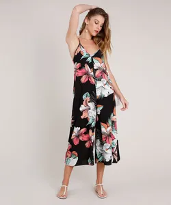Macacão Saída de Praia Pantacourt Estampado Floral Hibisco Alça Fina Preto G
