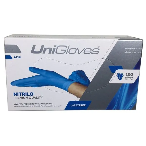 Luva Nitrilica Unigloves 100un Sem Pó Azul PP