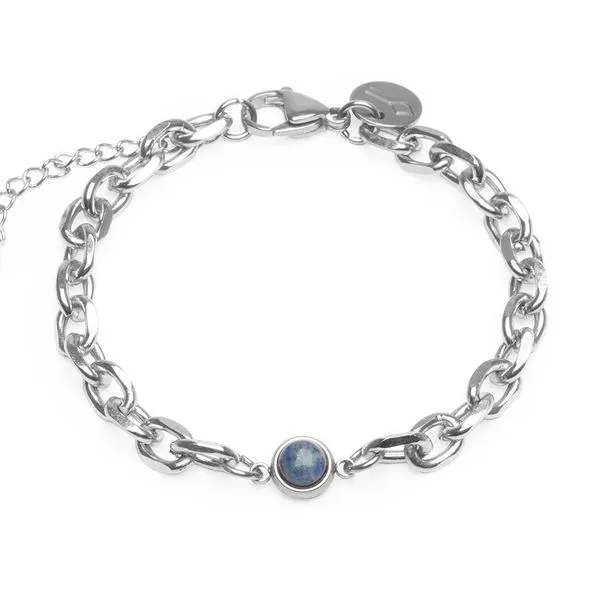 Pulseira Hugo de Aço e Pedra Natural Lapis Lazuli Azul Prata Ajustável