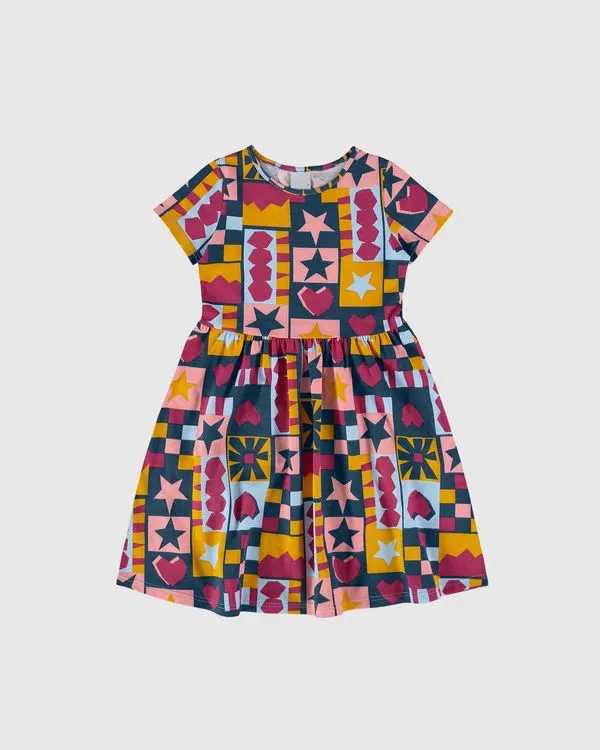 Vestido Infantil Evasê Manga Curta Estampado Em Algodão Malwee Kids Azul - 14