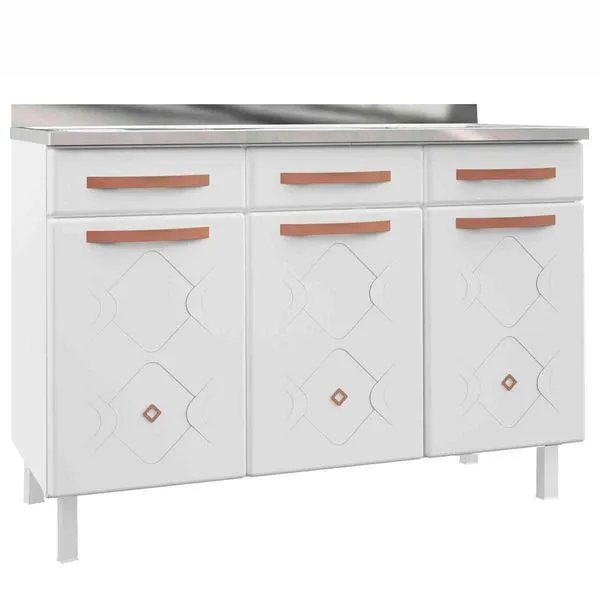 Balcão de Cozinha Telasul Mirage New Triplo Com Pia 3 Portas 3 Gavetas Branco