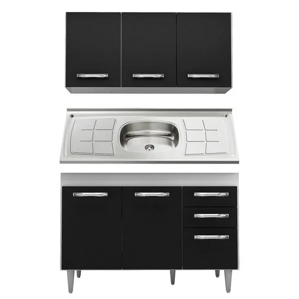 Armário Aéreo E Balcão Gabinete Com Pia 120Cm Branco/Preto