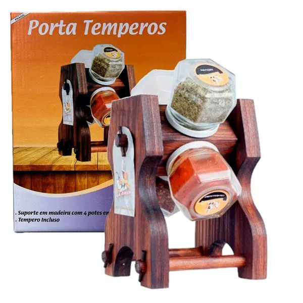 Porta Temperos Giratório Madeira Temperos Inclusos 4 Peças 3157 - La Casa