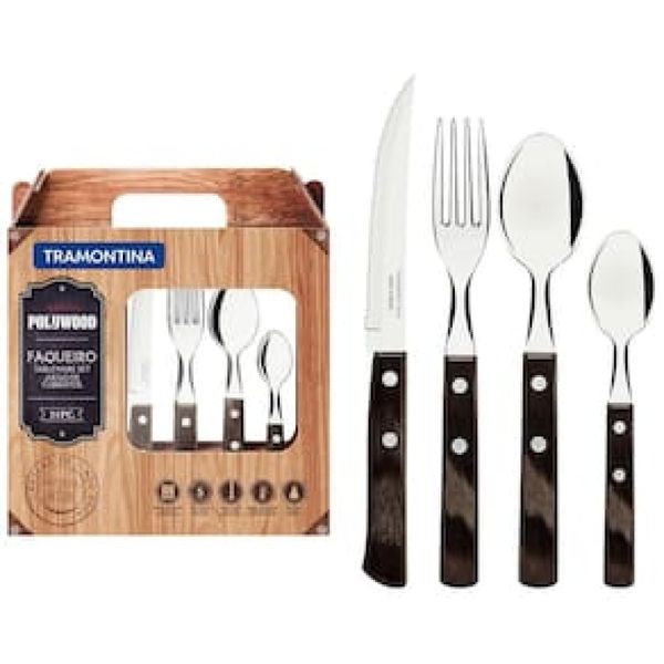 Faqueiro Tramontina Polywood com Laminas em Aço Inox e Cabos de Madeira Castanho 24 Peças