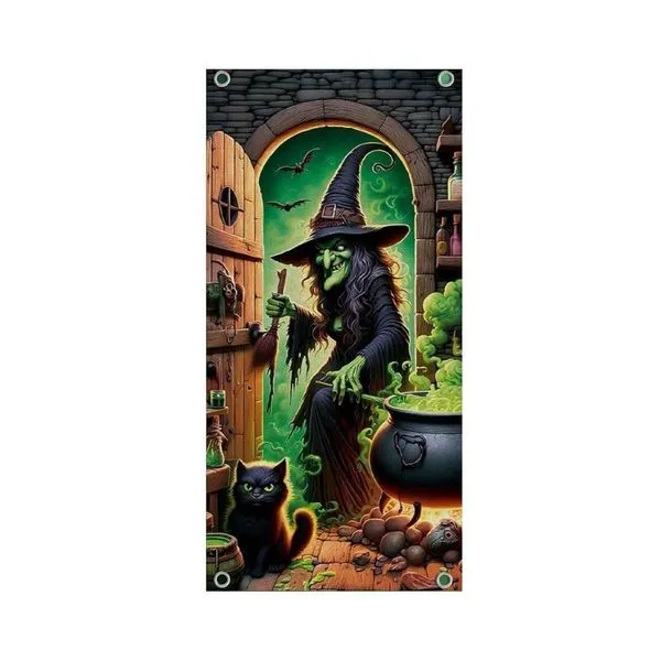 Banner Decorativo Halloween Bruxa em Tecido 180cm X 90cm para Porta e Parede Extra Festas Banner Decorativo Halloween Bruxa Tecido 180cm X 90cm Extra Festas
