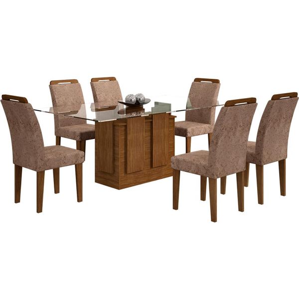 Mesa de Jantar 6 Cadeiras com Tampo de Vidro - Rufato Amsterdã 1800 Chocolate