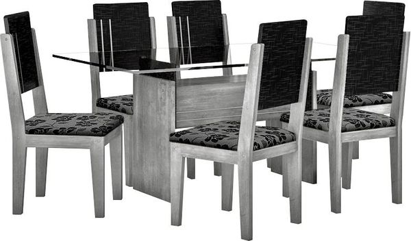 Mesa de Jantar 7 Peças com Tampo em Vidro - RV Móveis Esmeralda Carvalho / Preto / Floral