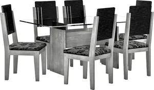 Mesa de Jantar 7 Peças com Tampo em Vidro - RV Móveis Esmeralda Carvalho / Preto / Floral