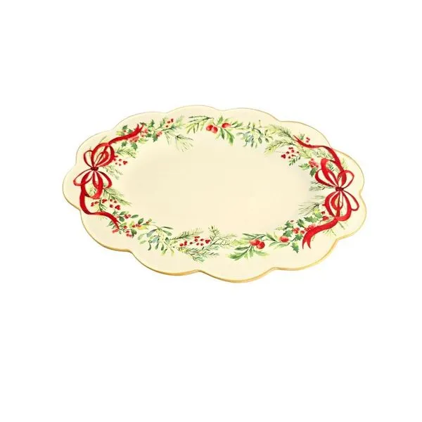Travessa Oval Natal Desenho Festão para Servir e Decorar Mesa em Cerâmica 40cm Branco Tok da Casa Travessa Oval Natal Desenho Festão em Cerâmica 40cm para Servir e Decorar Branco Tok da Casa