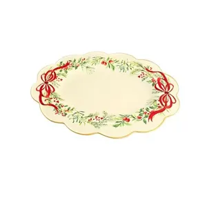 Travessa Oval Natal Desenho Festão para Servir e Decorar Mesa em Cerâmica 40cm Branco Tok da Casa Travessa Oval Natal Desenho Festão em Cerâmica 40cm para Servir e Decorar Branco Tok da Casa