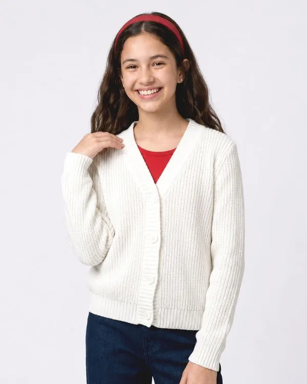 Cardigan Juvenil Tricô Com Botões Off White 14