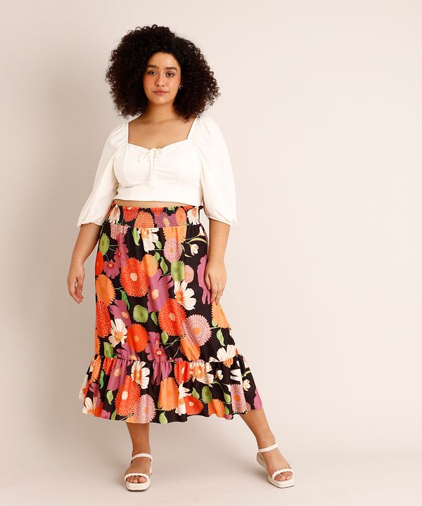 Saia Plus Size Midi Estampada Floral com Lastex e Babado Preta GG1