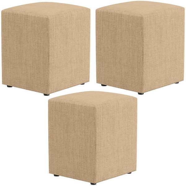 Kit 03 Puffs Quadrado L02 Decorativo Linho Bege Escuro - Lyam Decor