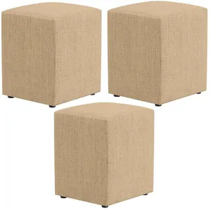 Kit 03 Puffs Quadrado L02 Decorativo Linho Bege Escuro - Lyam Decor