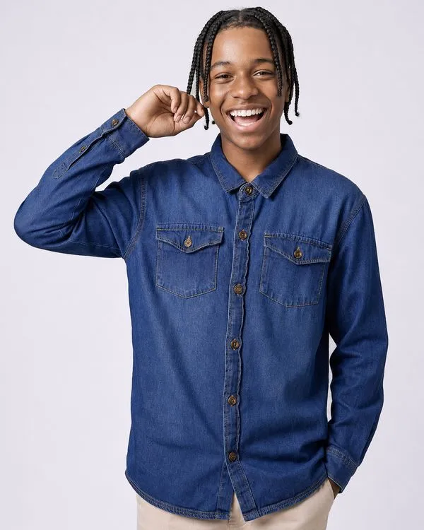 Camisa Jeans Juvenil com Bolsos Manga Longa Azul 16