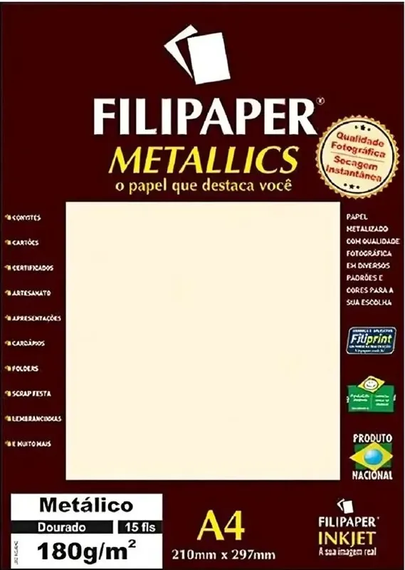 Papel Filipaper Metallics Metálico Dourado A4 15 Folhas 180g
