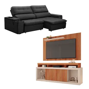 Conjunto Sofá Retrátil 3 Lugares Genebra Ferguile e Rack com Painel Para TV 65" New Oscar Caemmun | Grafite/Freijo/Off White