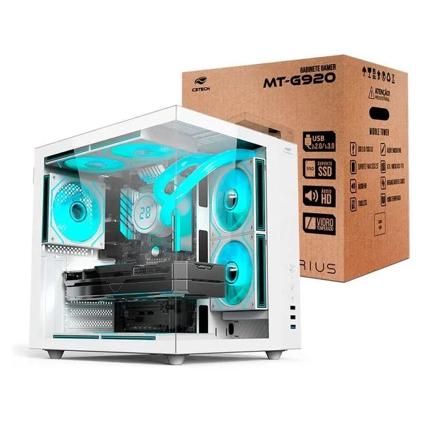 Gabinete Gamer Aquarius MT-G920WH com Frontal e Lateral em Vidro Temperado Usb 3.0 Branco C3tech Gabinete Gamer Aquarius MT-G920WH com Vidro Temperado Usb 3.0 Branco C3tech