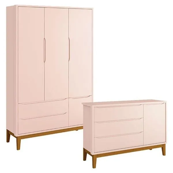 Cômoda Infantil e Guarda Roupa 3 Portas New Classic 3 Gavetas MDF Puxador MDF Rosa Cômoda Infantil E Guarda Roupa 3 Portas New Classic Rosa Com Pés Madeira ? Reller