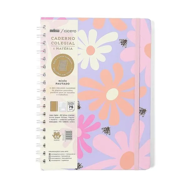 Caderno Colegial 1x1 80 Folhas Capa Dura Melissa Color Bloomy